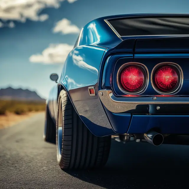 Close-up view of the rear of a blue muscle car.