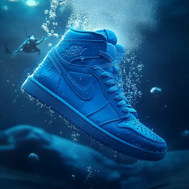 Blue Nike Air Jordan in water.