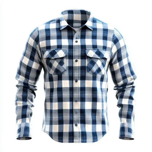  Blue and white plaid flannel shirt with solid white background.