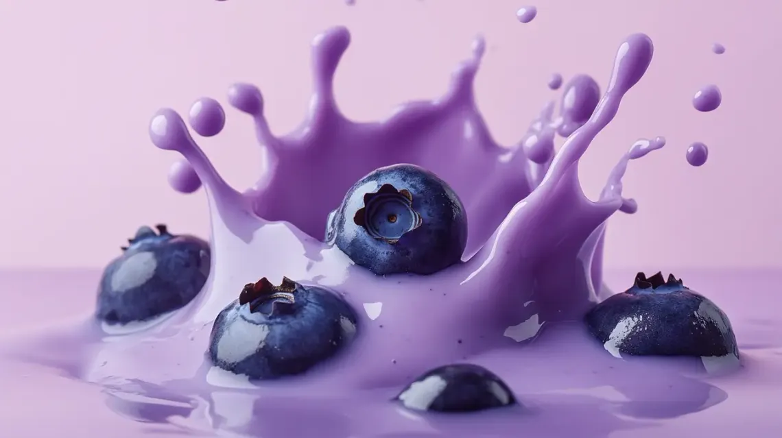 Blueberries falling onto the surface of yogurt.