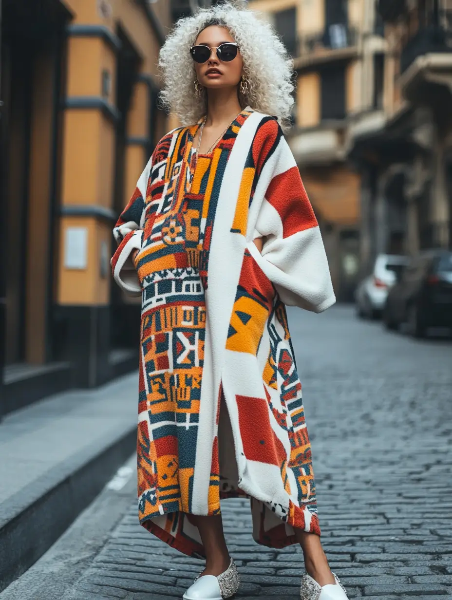 Stylish woman in a vibrant, colorful coat and trendy sunglasses showcasing her fashion-forward sense of style.