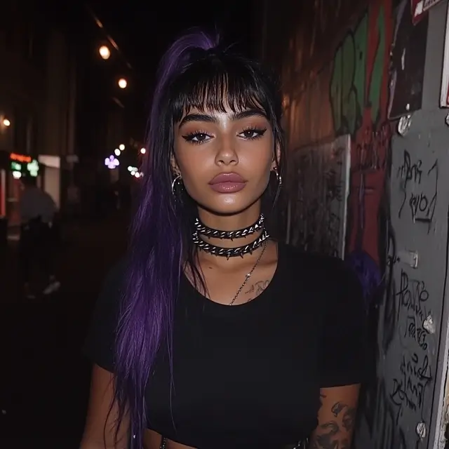  A person with a bob cut, half-long black and purple hair.