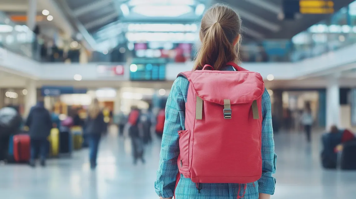 Woman with red backpack walking purposefully through a busy mall, embodying modern urban life.