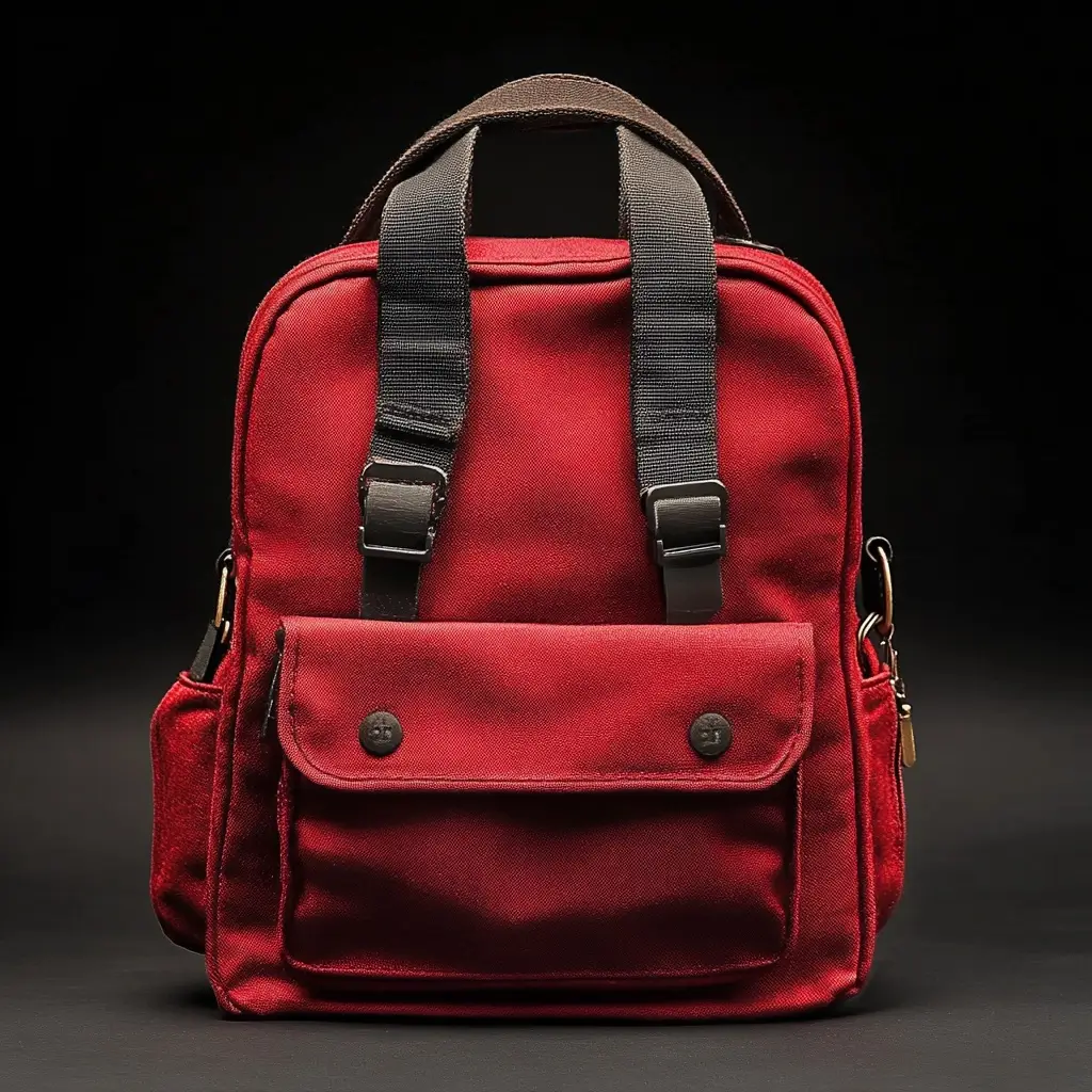 Vibrant red backpack with a black strap, showcasing its sturdy and stylish design