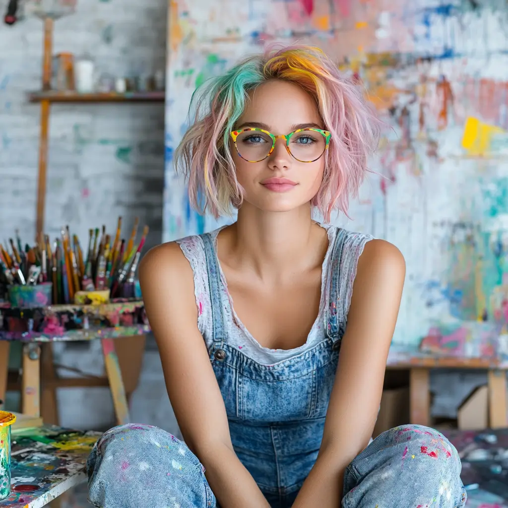 A confident woman with vibrant, colorful hair sitting casually on a table in an artistic environment.