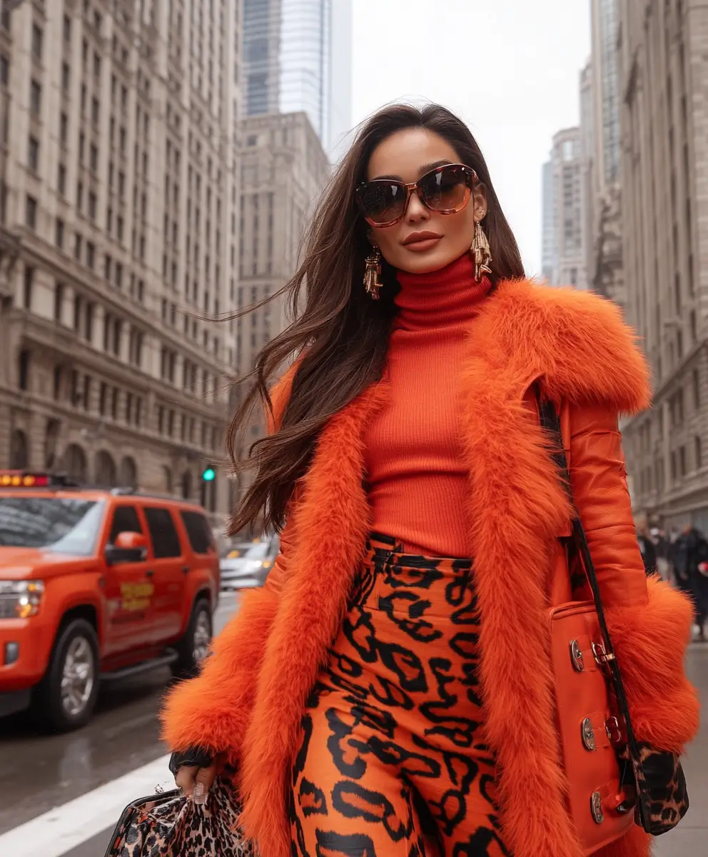 Woman in bold orange coat and leopard print pants posing confidently.