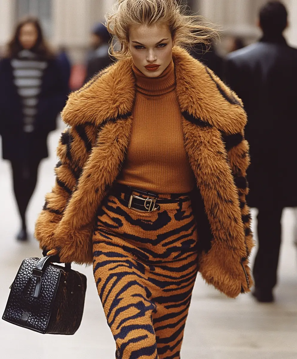 Woman in a daring outfit with a tiger print skirt and luxurious fur coat exhibiting a blend of wild and refined style.