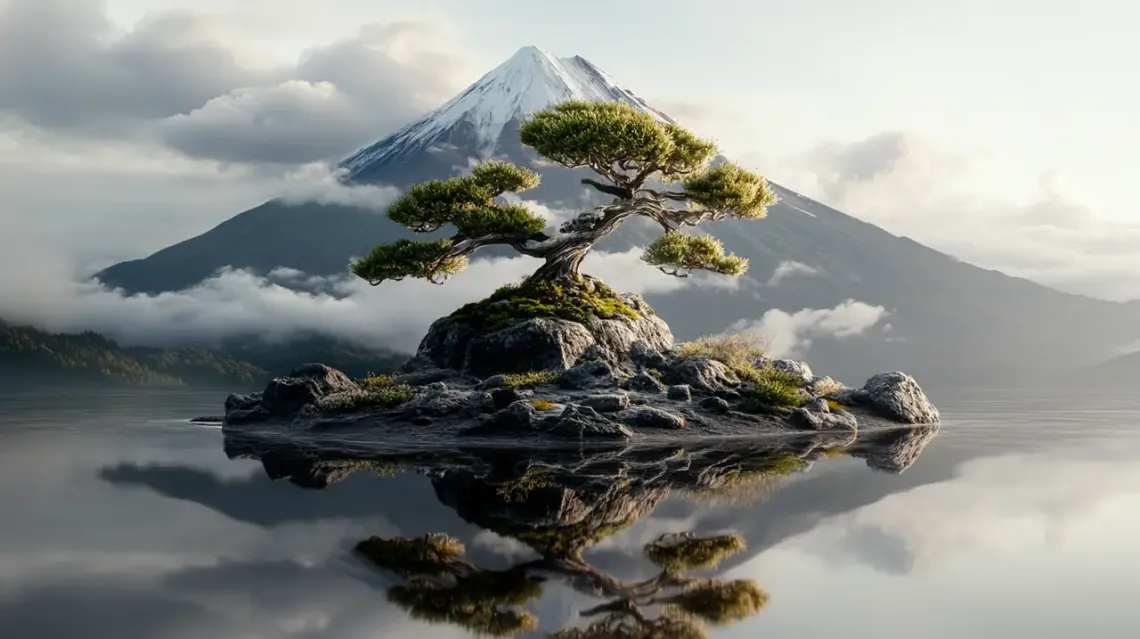 Delicate bonsai tree balanced on the shore of a serene lake.