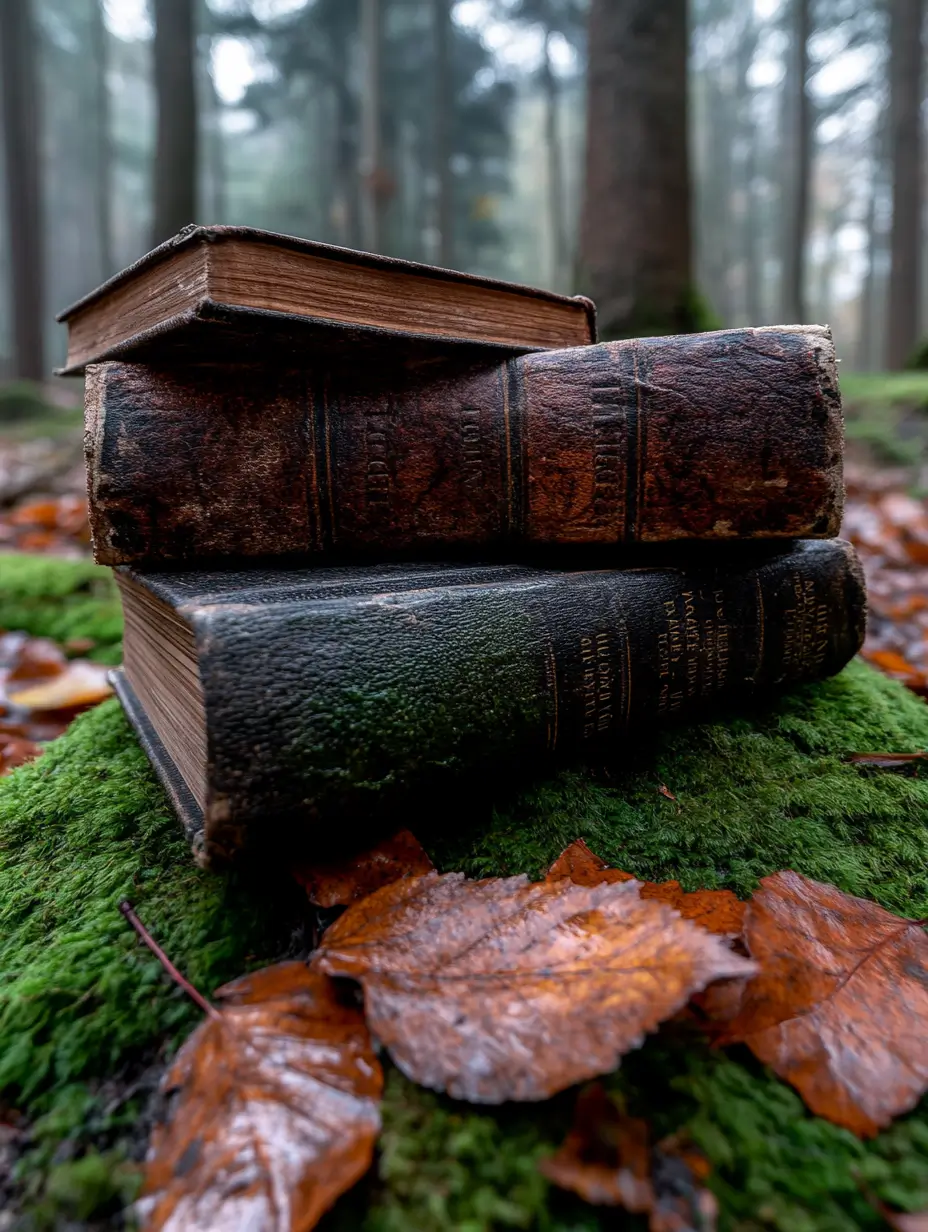 Stack of books of various sizes and colors neatly arranged on a lush green moss-covered ground.