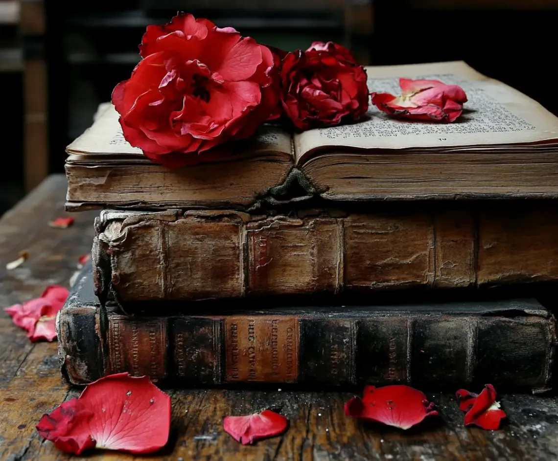 Stack of books with red flowers on top, conveying tranquility, intellectual curiosity, and love for literature.