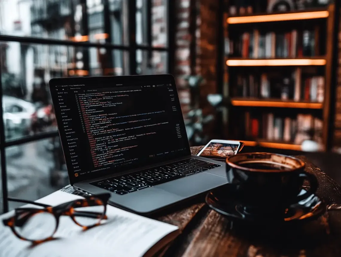 Open modern laptop on a sturdy dark wooden table in a professional, well-lit workspace.