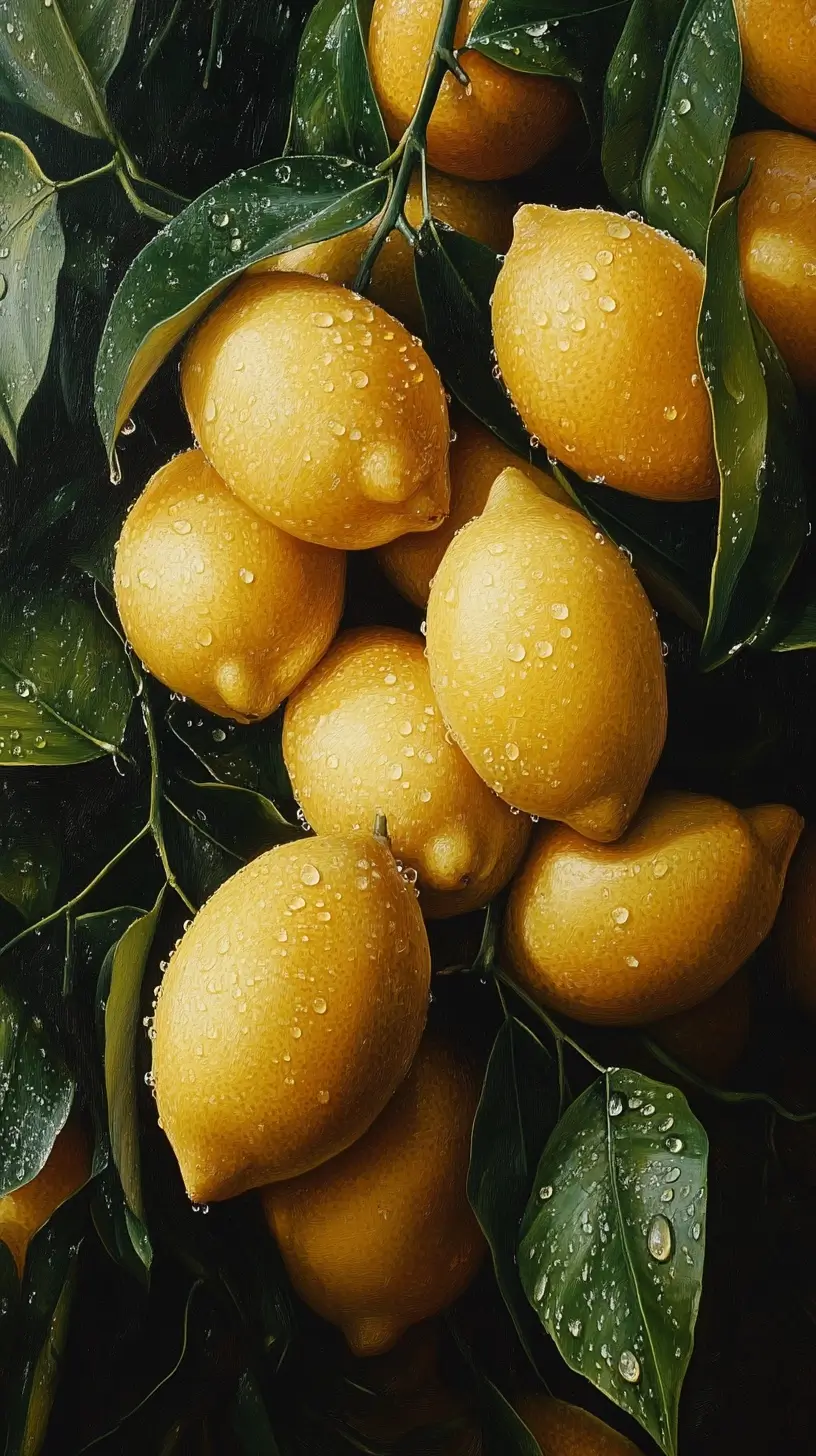 Bright yellow ripe lemons hanging from a tree in a citrus orchard on a sunny day, ready for harvest.