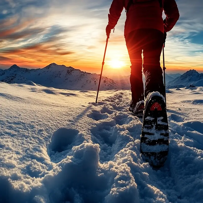 Woman snowshoeing with trekking poles in deep snow.