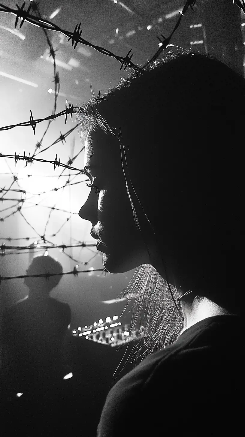 A contemplative woman standing in front of a barbed wire fence symbolizing obstacles in a desolate setting.