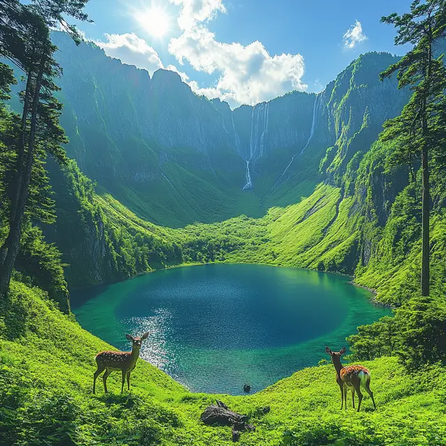 Breathtaking mountain views with two lovely deer in lush greenery.