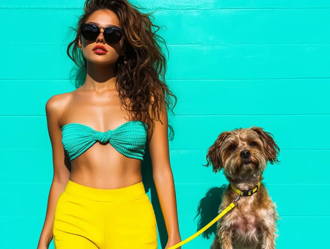 Woman in bikini top and bright yellow pants standing with a small friendly dog in a cheerful outdoor setting.