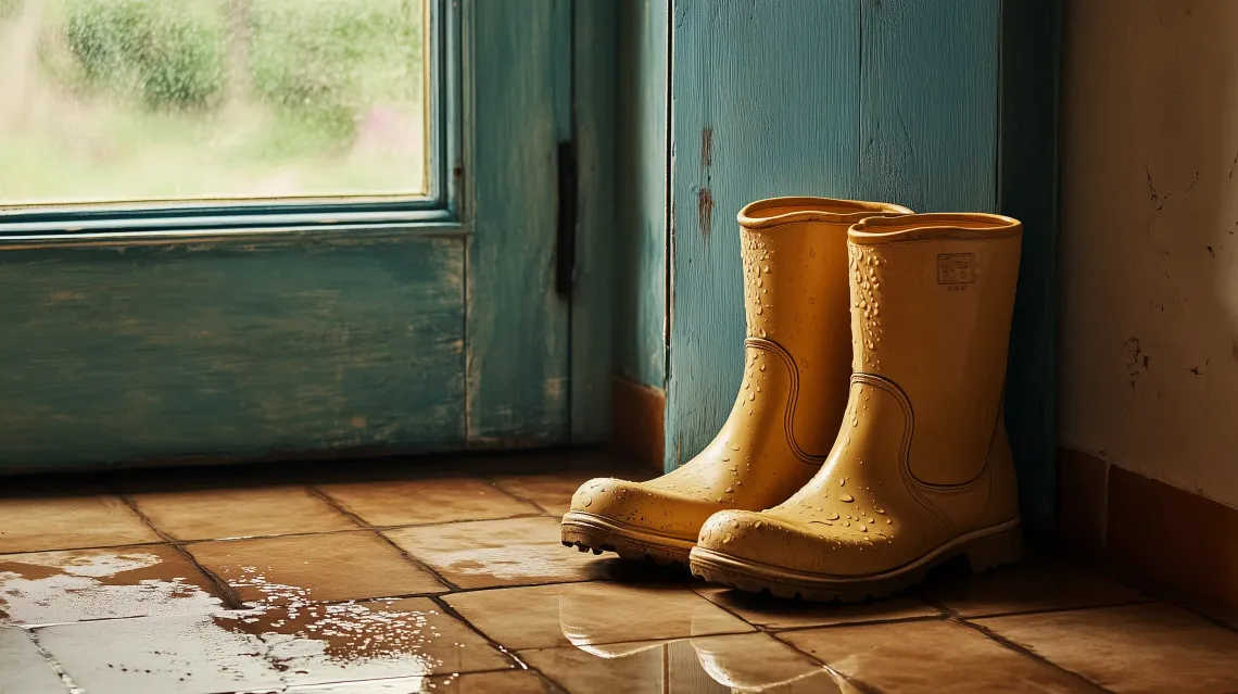 Bright yellow rubber rain boots on a grey tiled floor, indicating a rainy day or need for waterproof footwear.