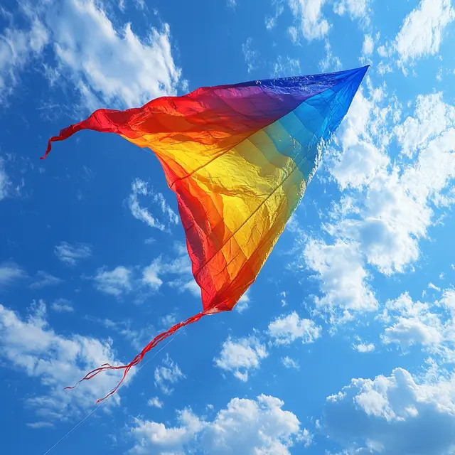 Brightly colored kite flying against a backdrop of striking clouds.