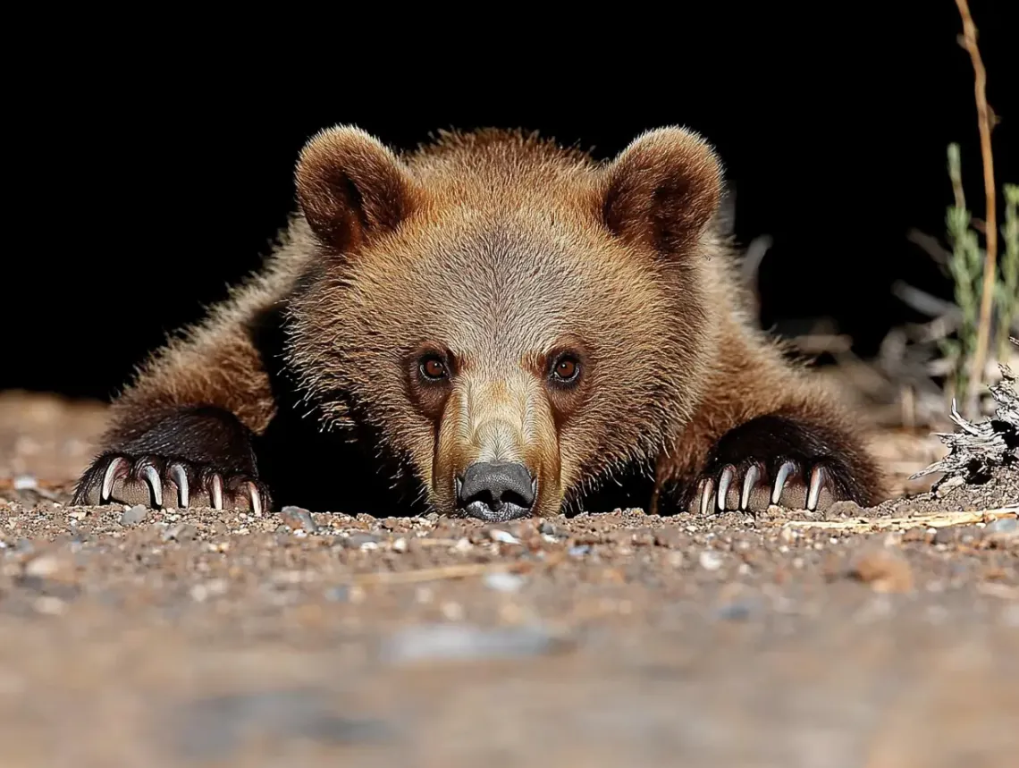 Relaxed brown bear resting, laying down, conveying a sense of peace and tranquility.