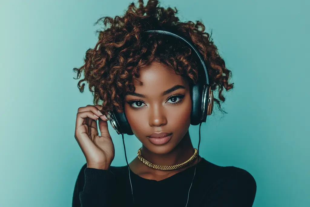 Young brown-haired lady listening to music with headphones.