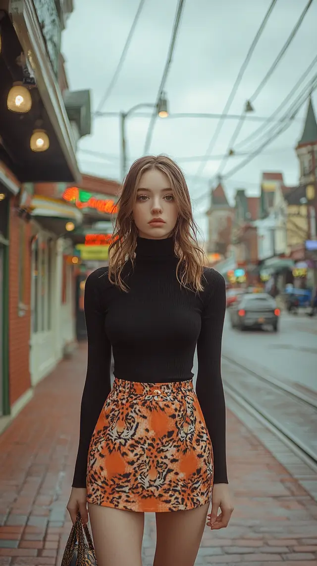 Young woman with brown hair wearing a short tiger print skirt with a black top.