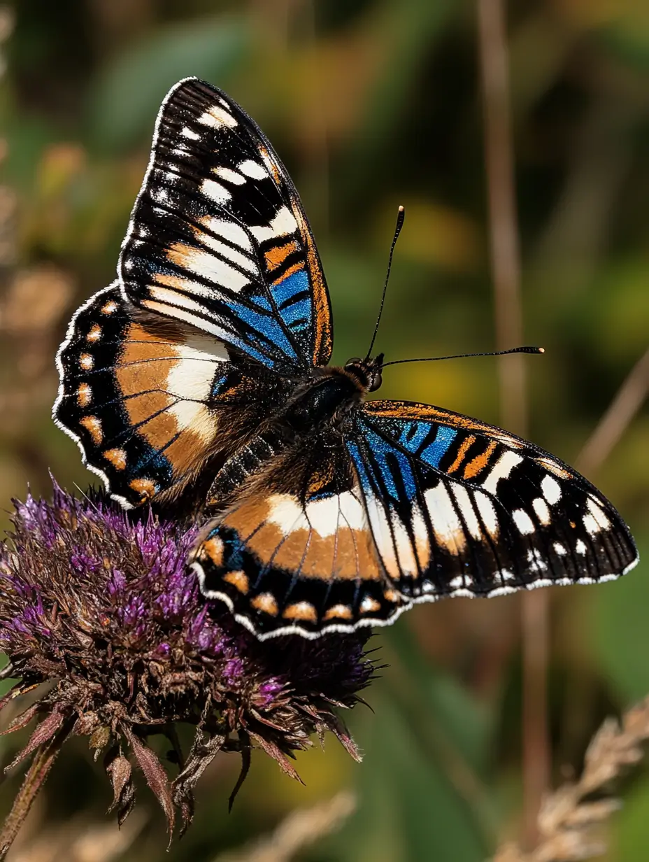 Vibrant blue and white butterfly resting delicately on a colorful flower, showcasing nature's beauty. 