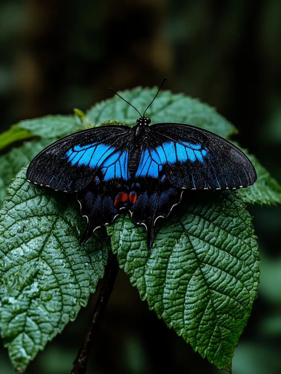 Blue and black butterfly resting on a vibrant green leaf, showcasing intricate wing patterns and texture.