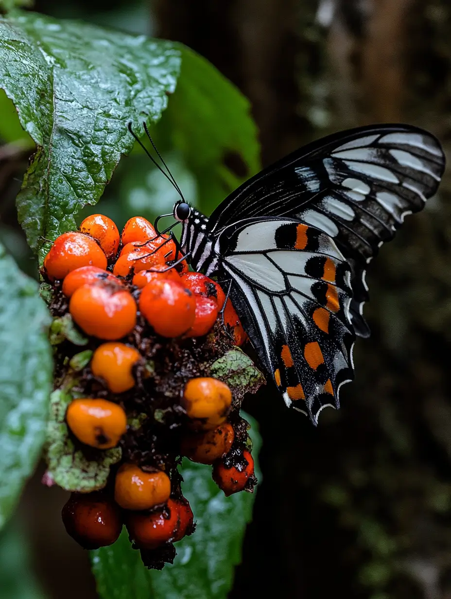 Beautiful butterfly with intricate patterns perched on a green plant adorned with vibrant orange berries.