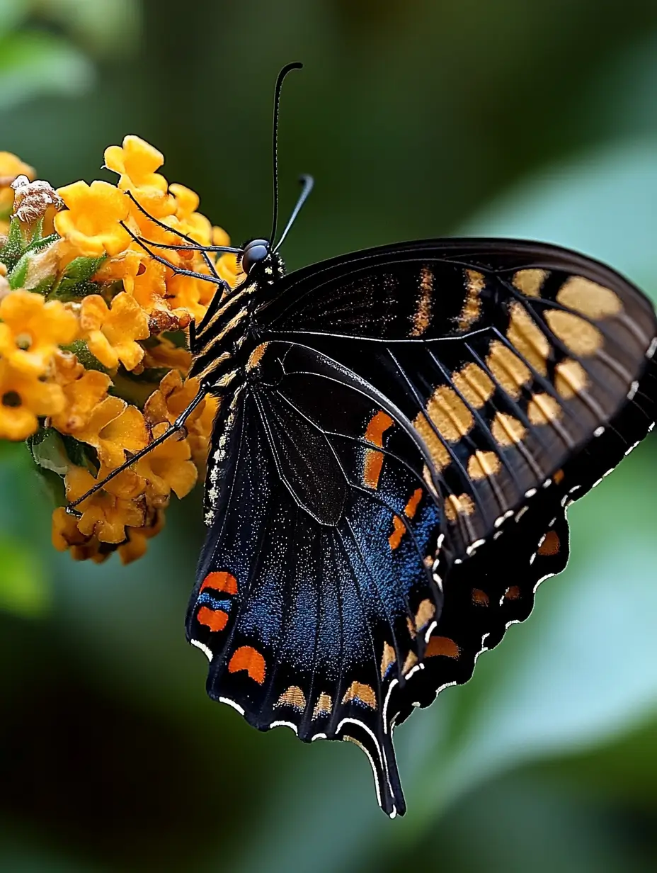 Beautiful butterfly with iridescent colors perched on a vibrant yellow flower.