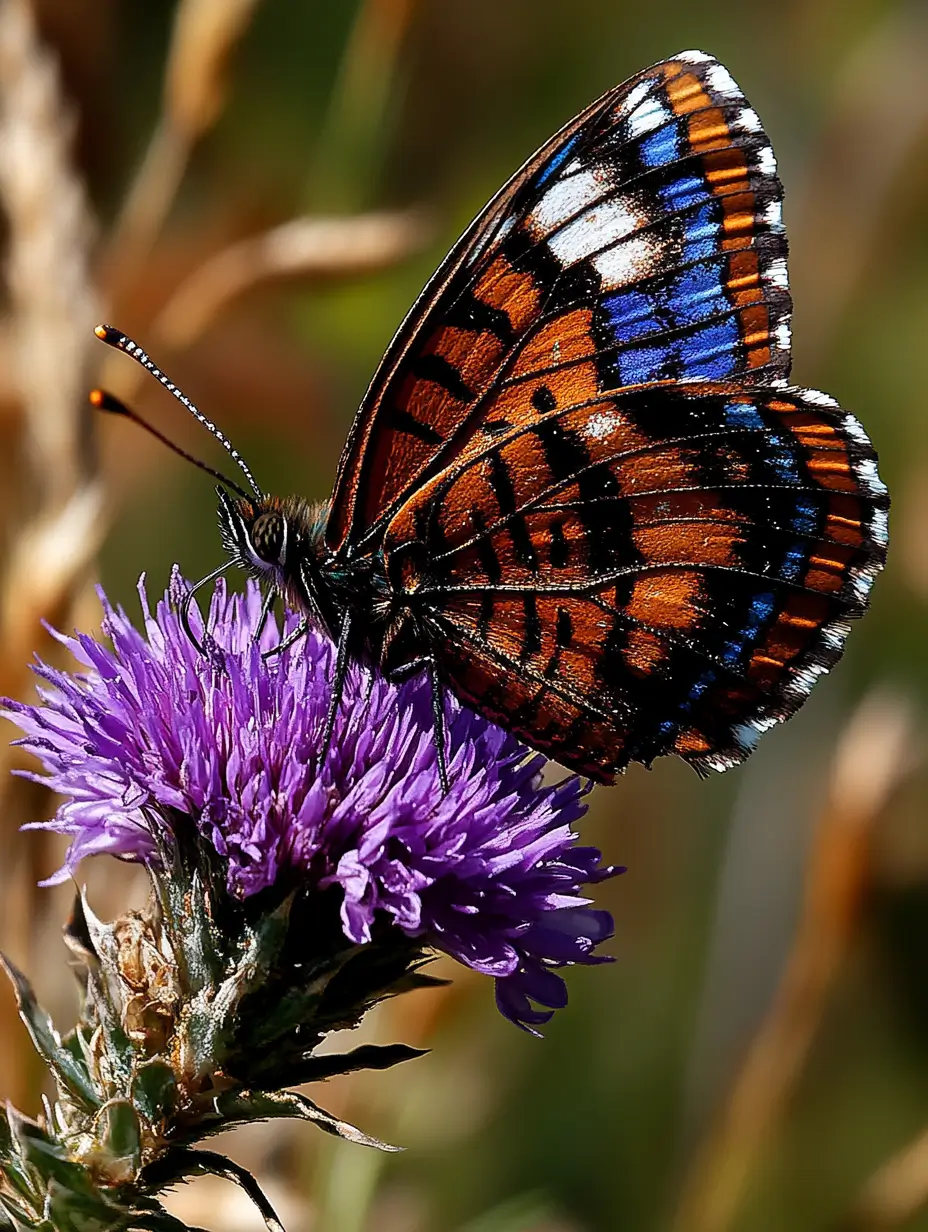 Beautiful butterfly with intricately patterned wings perched on a vibrant purple flower.