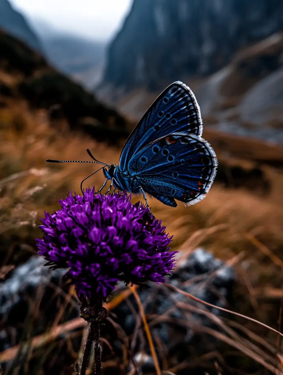 Blue butterfly resting on a vibrant purple flower, showcasing intricate wing patterns and natural beauty.