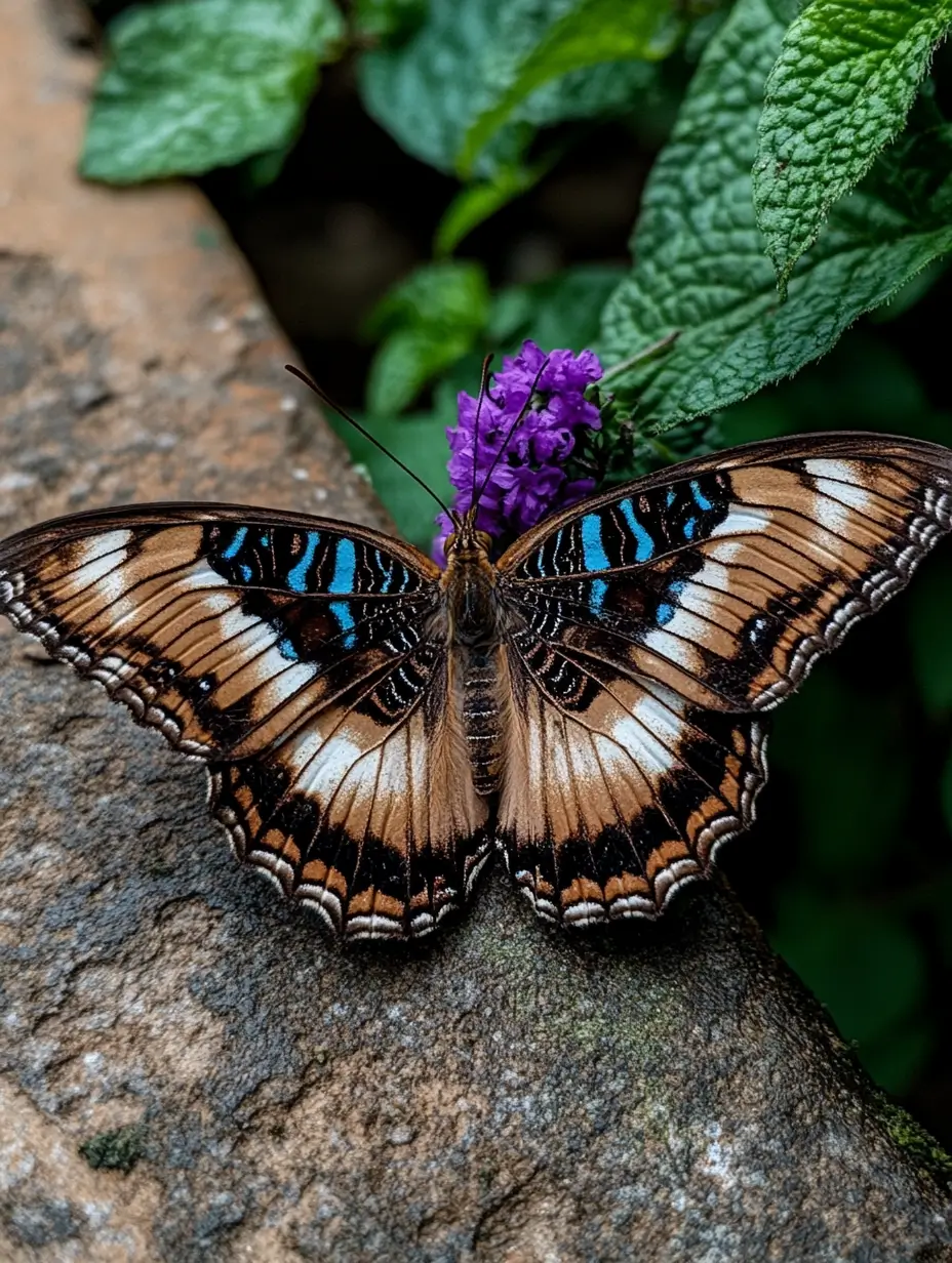 Colorful butterfly resting on a rock beside a vibrant flower in a tranquil outdoor setting.