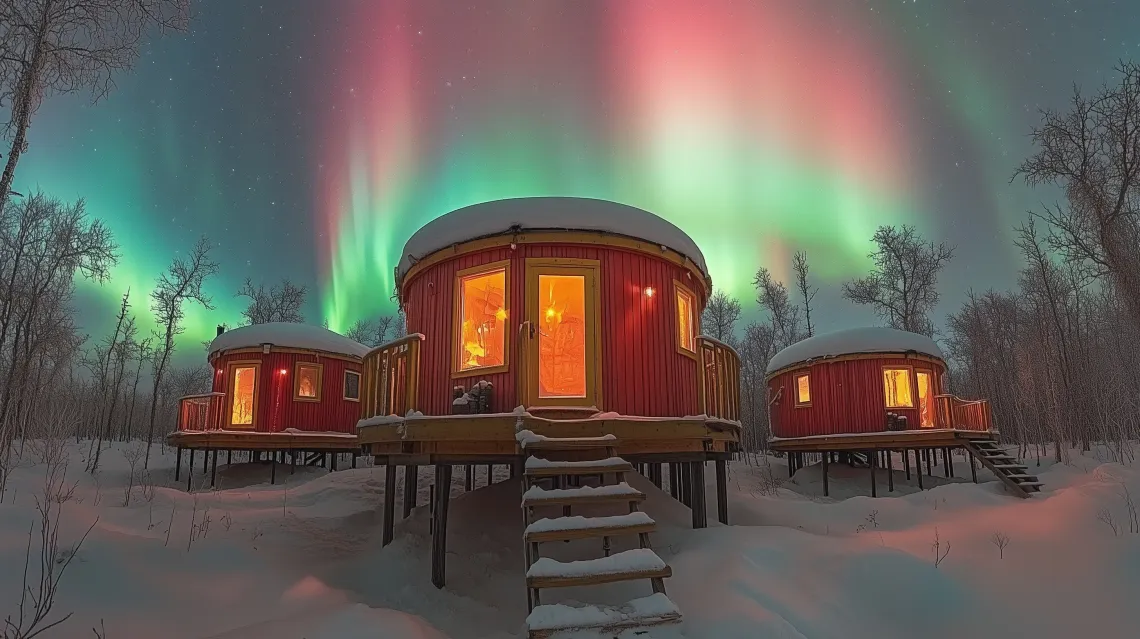 Red cabins beneath a mesmerizing green aurora in a dark night sky, projecting a harmonious and captivating image.