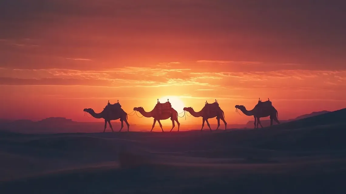 Group of camels moving in single file across vast desert landscape under a clear blue sky.