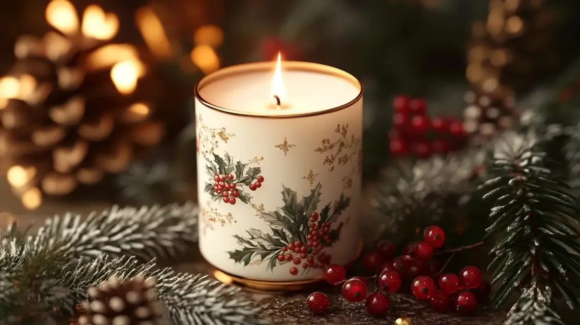 Lit candle on a table surrounded by pine cones and berries providing a cozy and festive atmosphere.