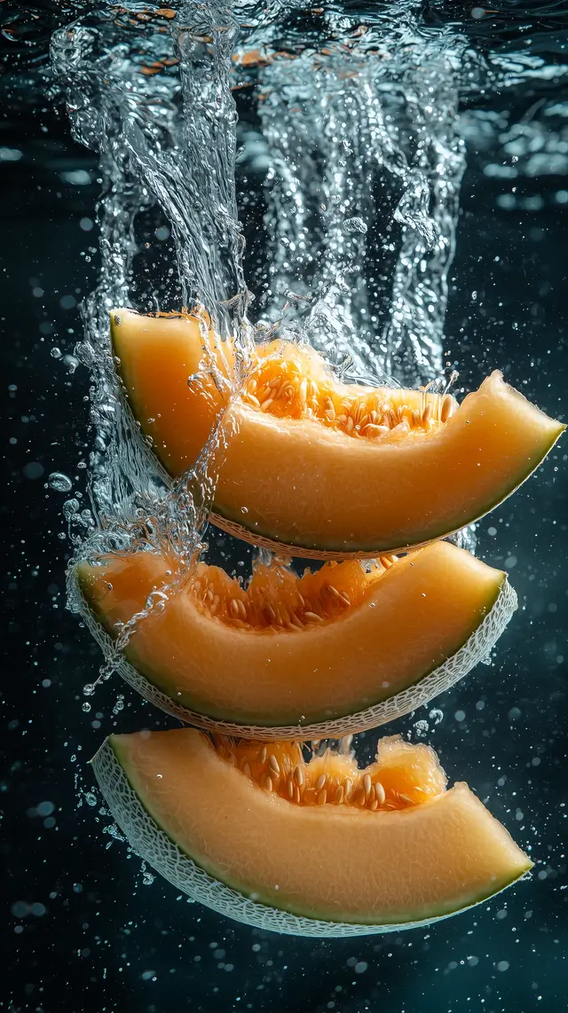 Cantaloupe slices falling gently into water creating a splash.