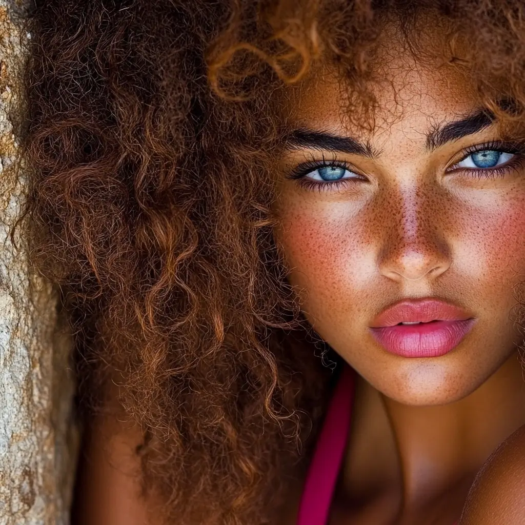 Woman with freckles in a pink top exhibiting natural beauty while looking directly at the camera.