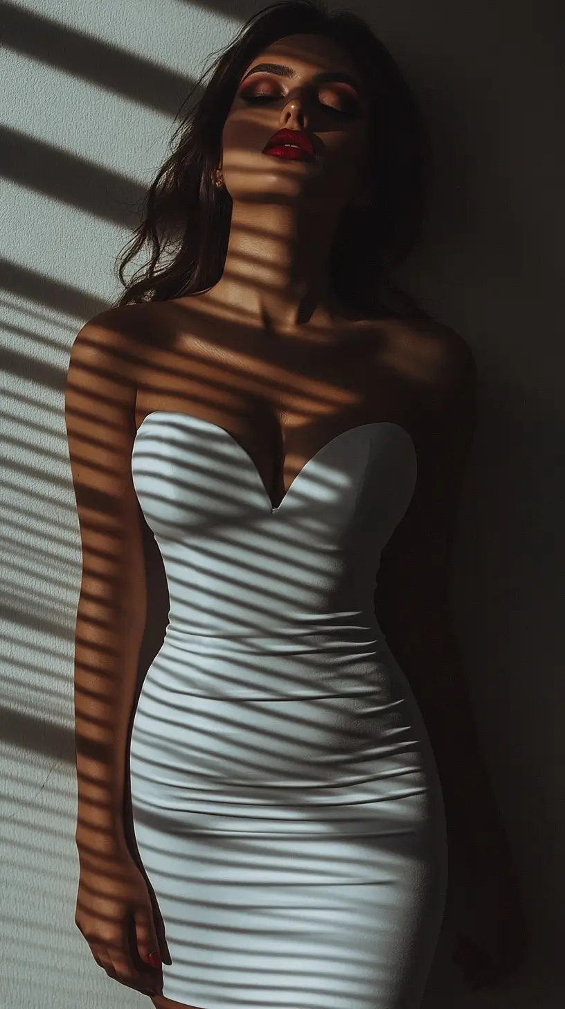 Elegant woman in a flowing white dress standing in front of a large, detailed window with natural light illuminating her.