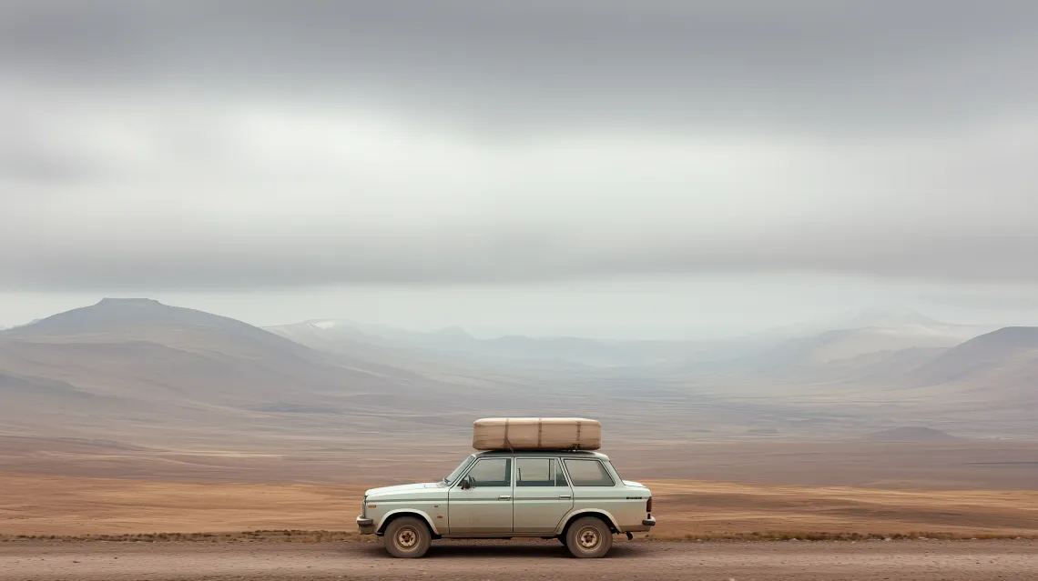 Car on a smooth road with luggage secured on its roof, indicating a journey or vacation.