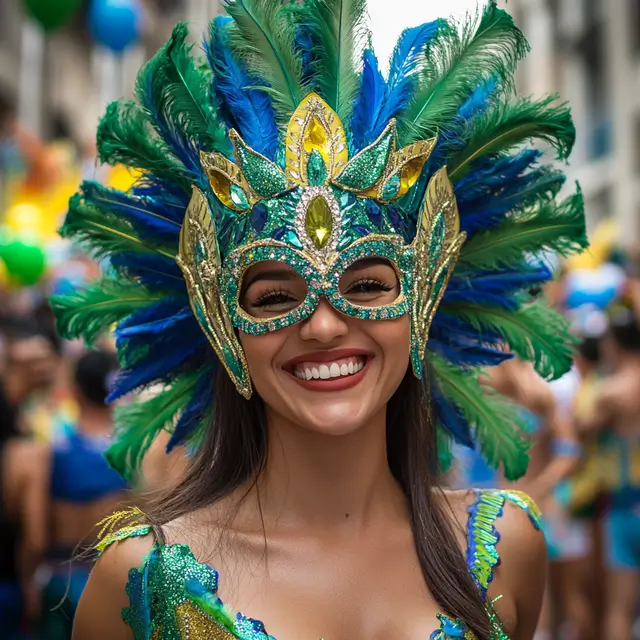 A beautiful woman in a vibrant carnival costume.