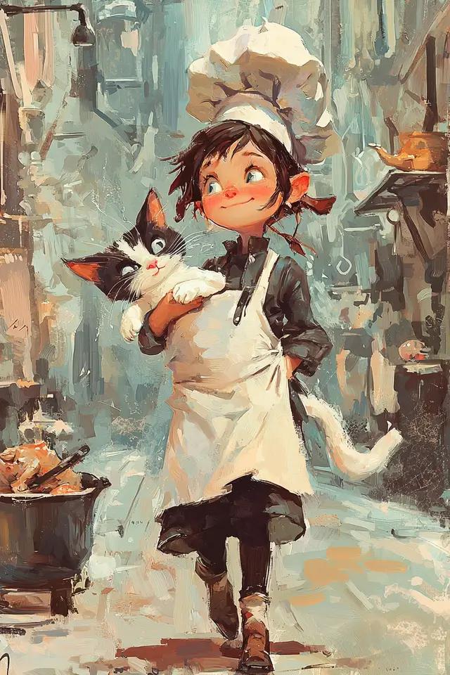 Cartoonish slender cat being carried by a cook in an anime style illustration.