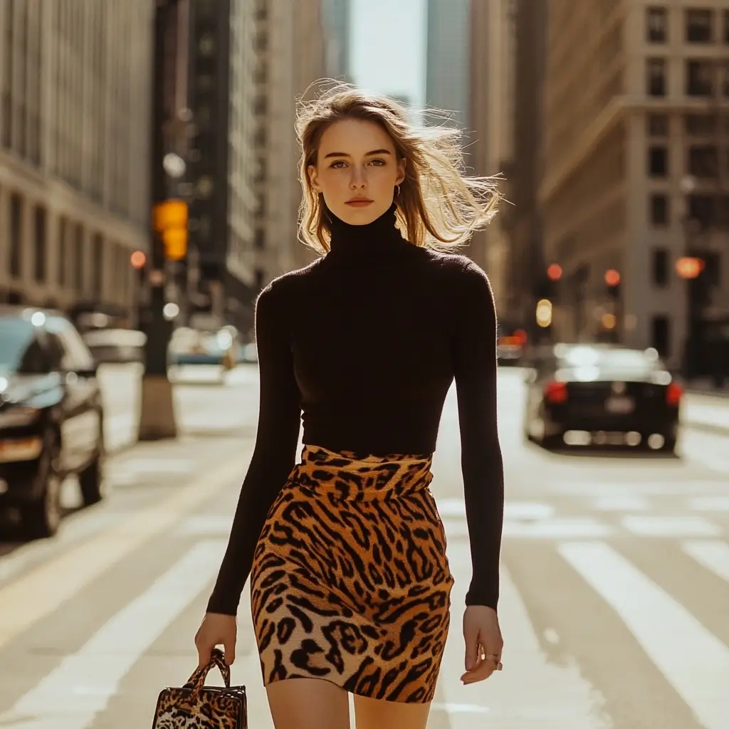 A woman dressed casually, carrying a purse, and walking alone down nondescript street.