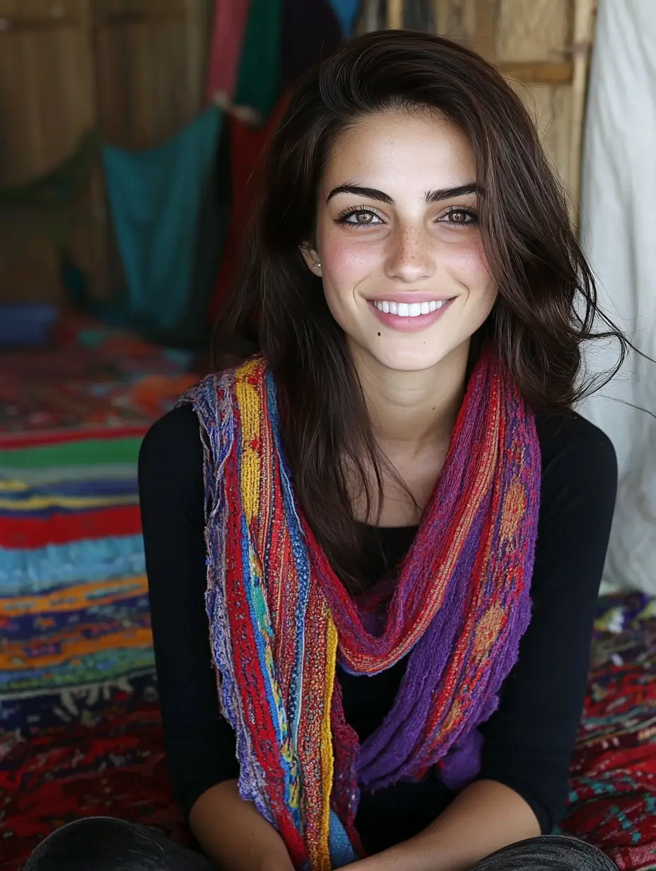 Woman in casual wear sitting relaxed on a neatly made carpet with a colorful scarf, in a well-lit, cozy room.