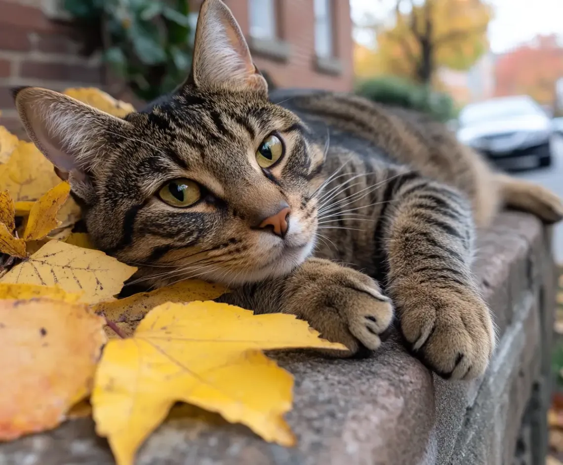 Relaxed cat lounging on a ledge amongst vibrant yellow leaves, exuding a sense of tranquility and harmony.