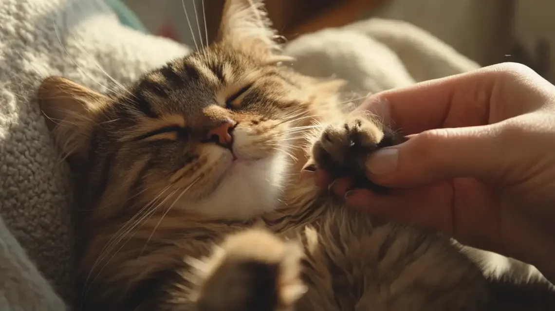 Happy cat owner holding the cats paw.