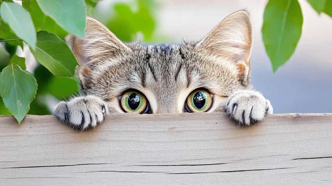 Cat peeking over a fence.