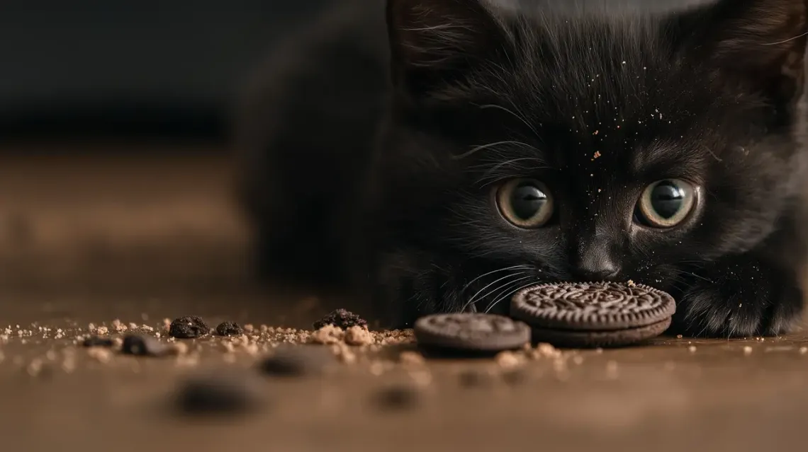 A cute 4 month old black cat playing with an Oreo.