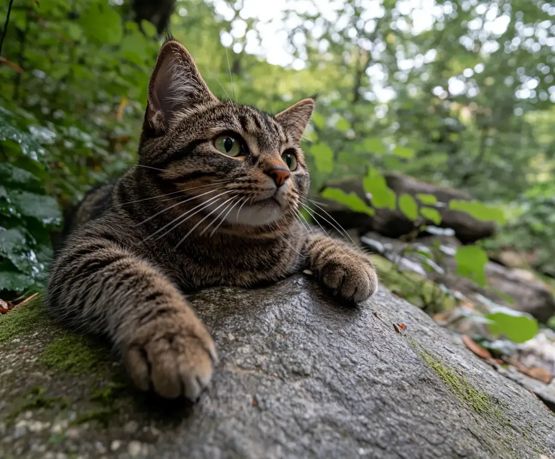 Relaxed cat lying on a rock in a serene, sun-dappled forest, blending with its peaceful surroundings.