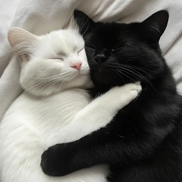 Adorable fluffy black and white cats cuddling together.