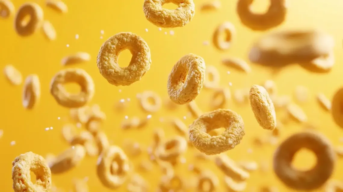 Cereal rings flying through the air in a dynamic and playful display of gravity defying motion.